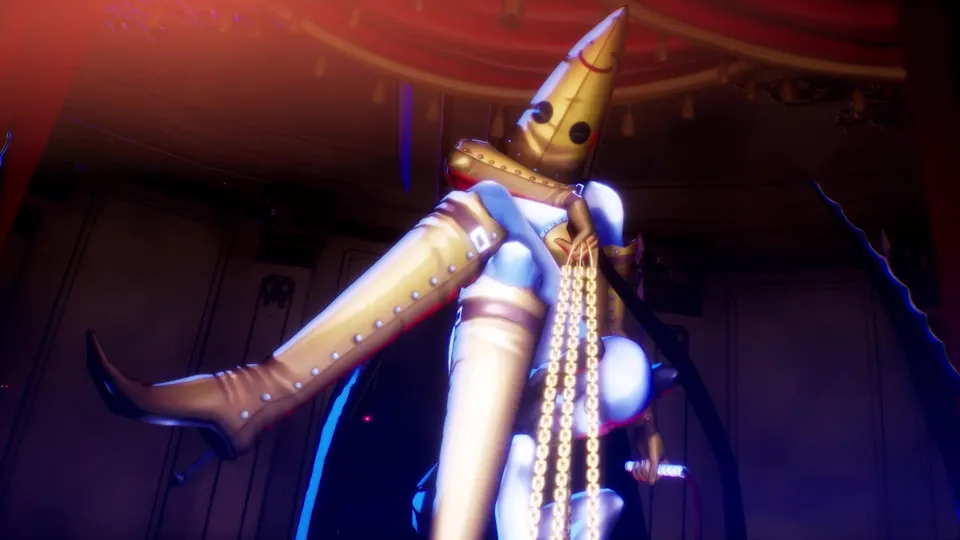 A Persona with a golden cone-shaped head and tall boots, wrapped in chains, on a red stage