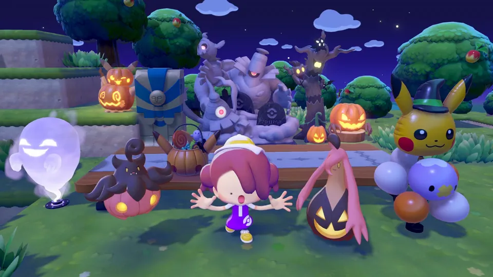 Ditto in human form celebrates a night festival with jack-o'-lanterns, Pikachu in a witch hat and Ghost-type Pokémon in Pokémon Pokopia