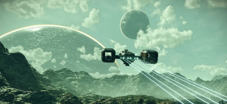 A starship fires bright beams over green mountains with two planets in the sky in No Man's Sky