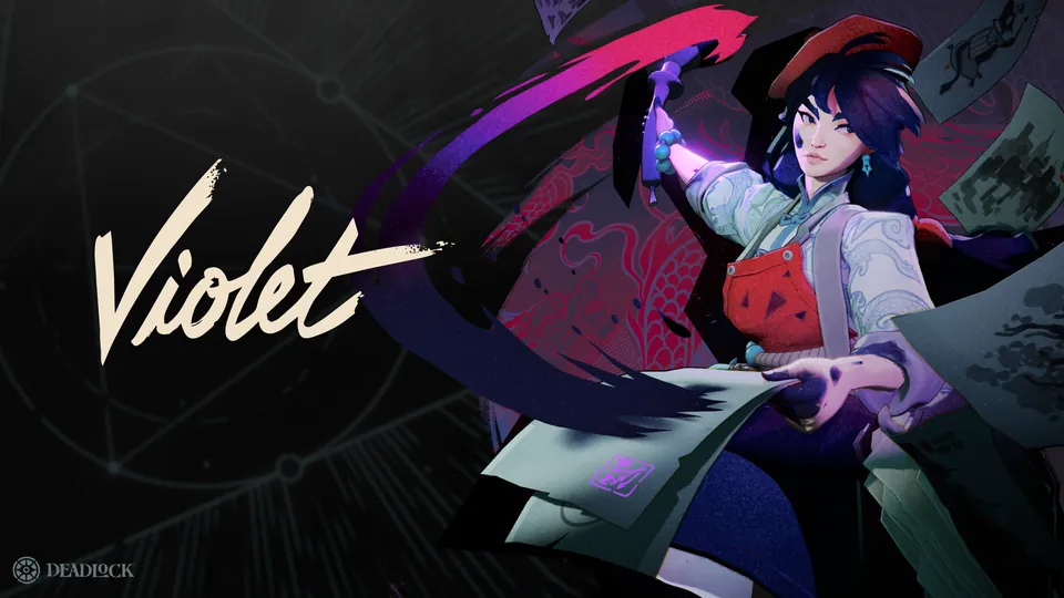 Deadlock hero Violet in a red beret and painter's apron sweeping a glowing purple brush stroke across a dark poster