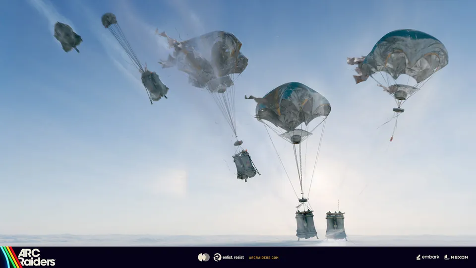 Supply pods drifting down under parachutes over a snowy plain in ARC Raiders
