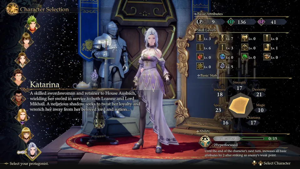 The character selection screen shows Katarina, a swordswoman serving House Ausbach, in Romancing SaGa 3: Destinies United