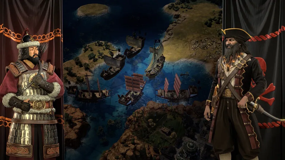 The pirate leader Edward Teach from the Tides of Power Collection faces another leader over an ocean map.
