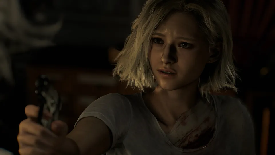 Grace Ashcroft holds a gun in a dark room in Resident Evil Requiem