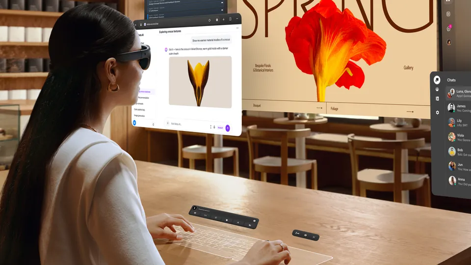 A person wearing Meta VR Glasses types on a virtual keyboard at a cafe table, with floating browser and chat windows