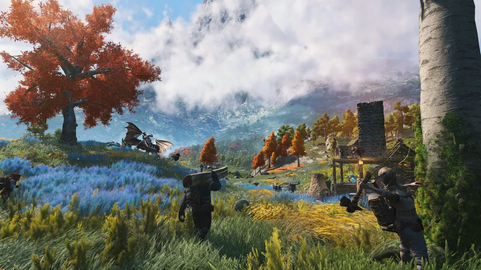 Players build and gather in a meadow with red autumn trees and a stone tower in Light No Fire