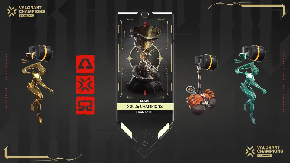 Valorant Champions Shanghai artwork with gold and teal figures and a 2026 Champions card