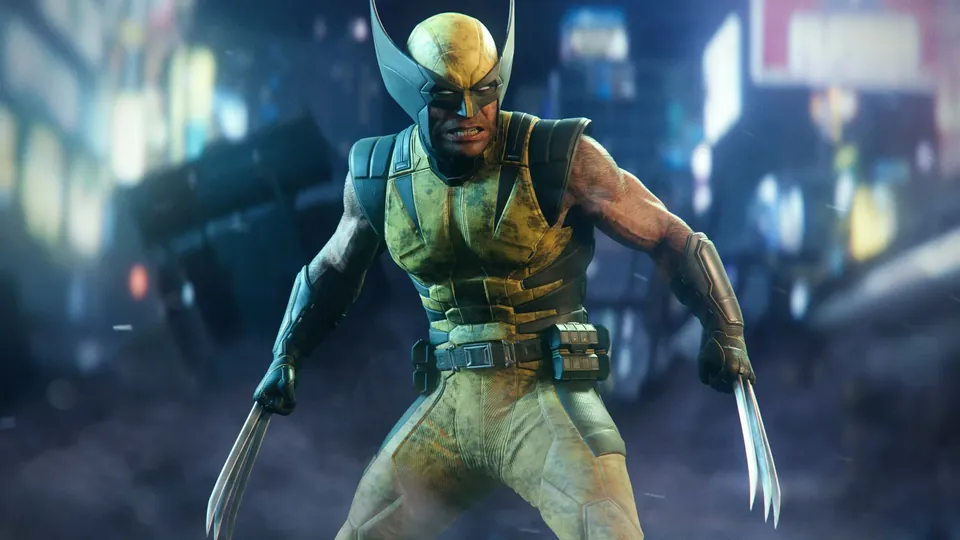 Wolverine in a yellow and green suit with claws out on a rainy city street in Marvel's Wolverine