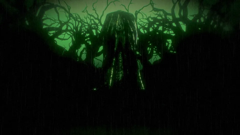 A tall figure stands among bare, twisted branches against a toxic green glow in the Persona 6 teaser