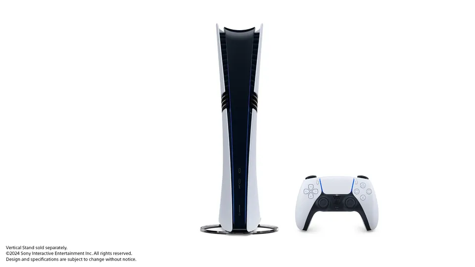 A side view of the slim PS5 Pro on a stand next to a DualSense controller.