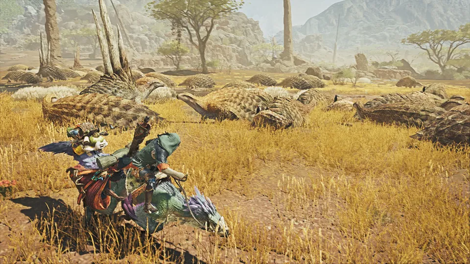 A hunter and a Palico ride a Seikret mount past grazing herbivores on the plains in Monster Hunter Wilds