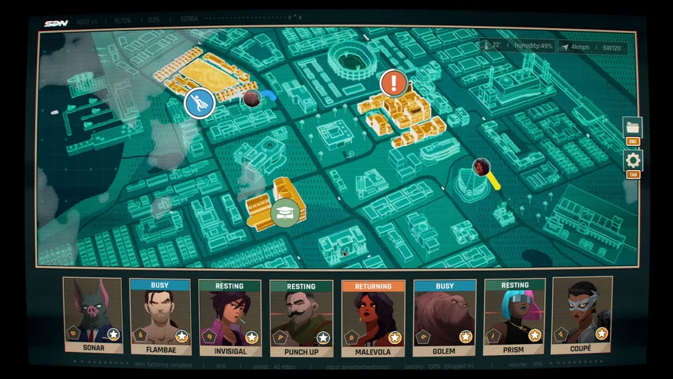 The Dispatch strategy map shows emergencies across a city grid above a row of hero cards