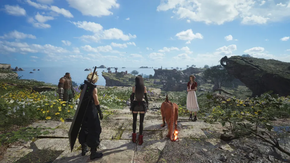 Final Fantasy VII Rebirth screenshot: Cloud, Tifa, Aerith, Barret and Red XIII look out over a grassy coast