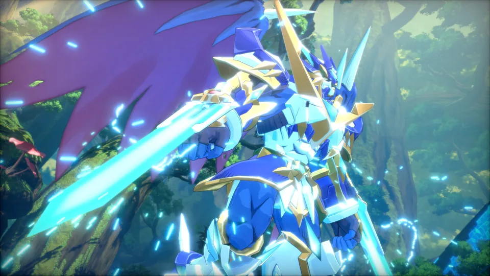 UlforceVeedramon in its X Antibody form swings a glowing blue blade among giant trees in Digimon Story Time Stranger's Anti-ParadoX DLC