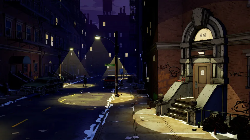 A snowy New York street at night, with streetlights shining on the steps of a brick building numbered 641