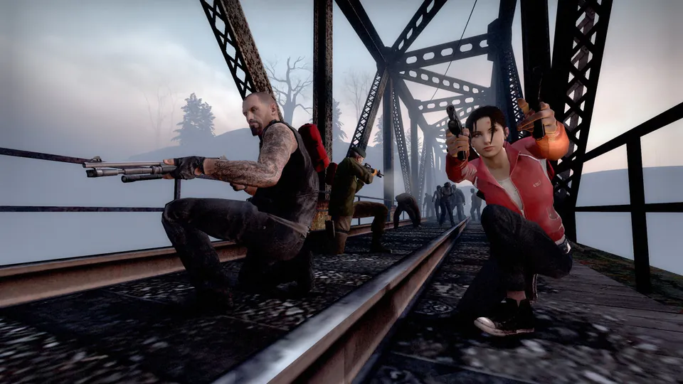 Survivors cross a steel railroad bridge with guns drawn in Left 4 Dead