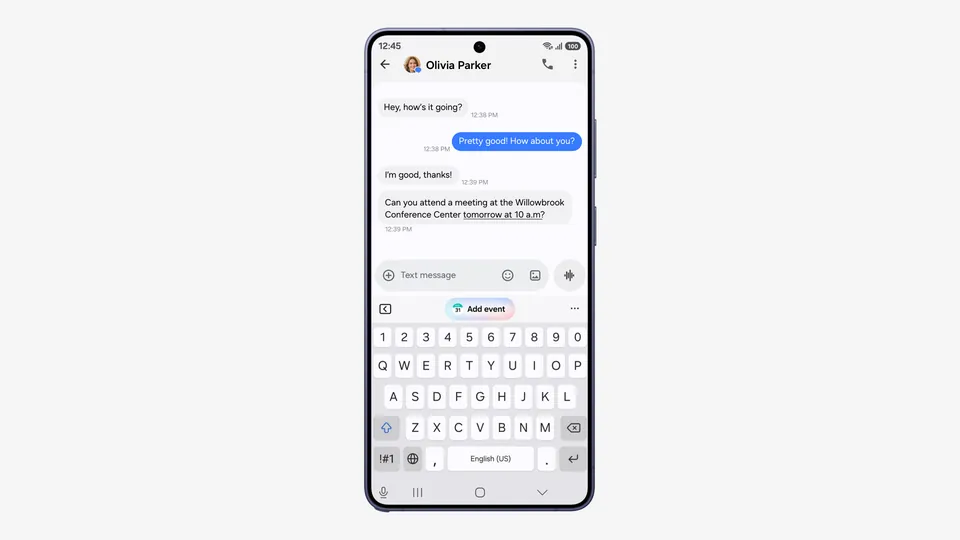 A Galaxy phone running One UI 9 shows a text chat with an Add event suggestion above the keyboard