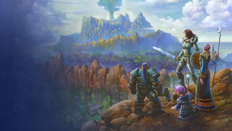 A dwarf, a gnome and a human paladin look out from a cliff toward a giant tree on a distant plateau