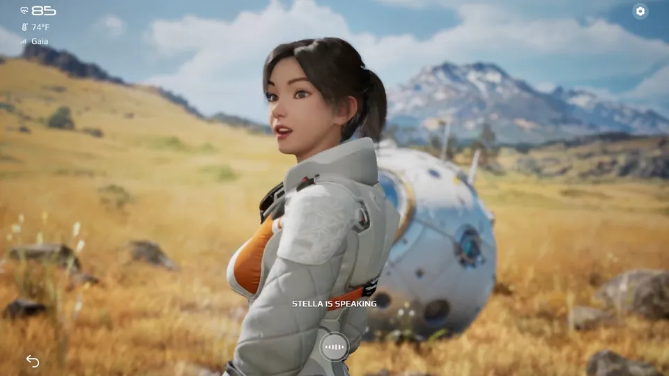 Stella, an astronaut in a white suit, stands in a grassy valley next to her crashed capsule