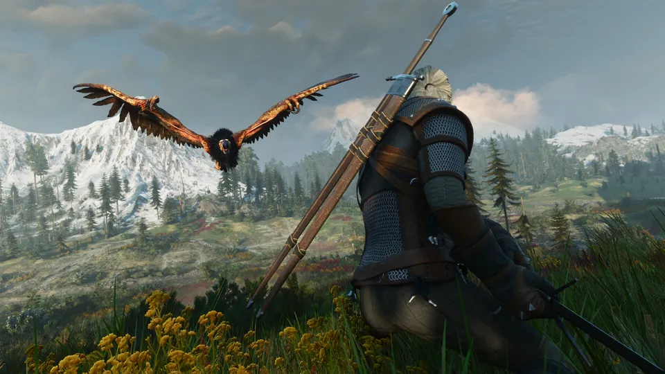 Geralt, a sword on the back, watches a griffin fly over a green valley with snowy mountains in The Witcher 3.