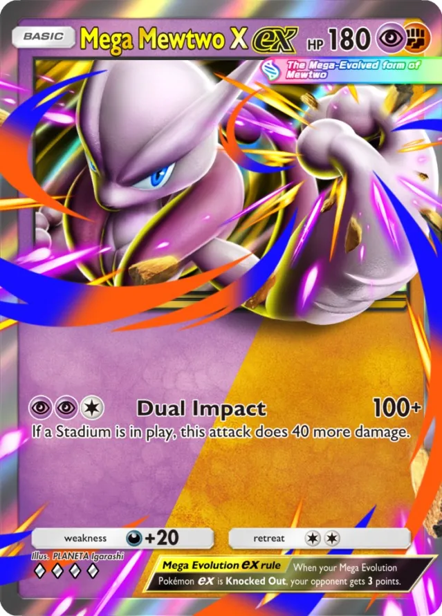 Mega Mewtwo X ex card from Dual Fusion, a Psychic and Fighting type Basic Pokémon with 180 HP and the Dual Impact attack