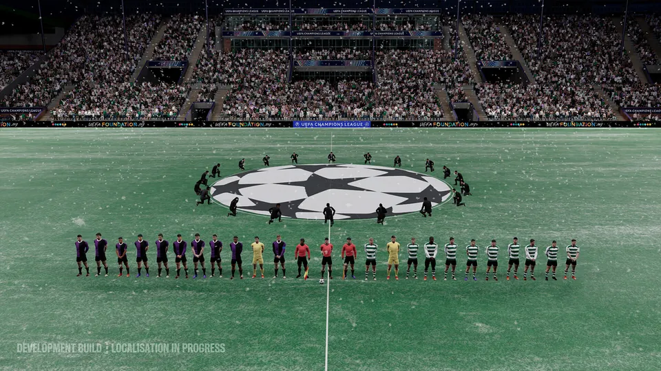 Two teams lined up before a Champions League match in Football Manager 27 with the starball banner on the pitch