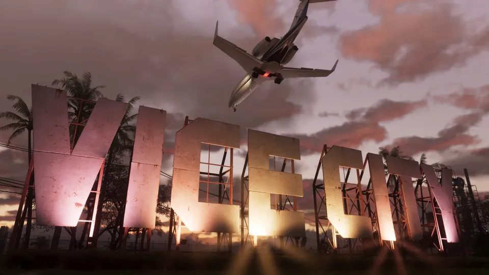The Vice City sign at sunset with a jet flying low overhead