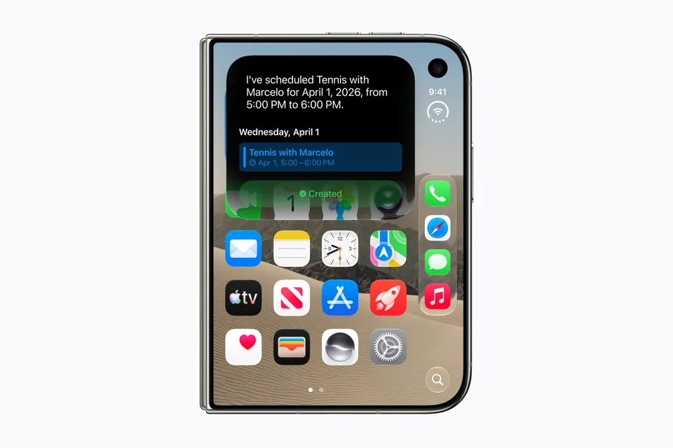 The iPhone Duo closed, its outer screen showing a Siri note about a tennis booking above the home screen apps