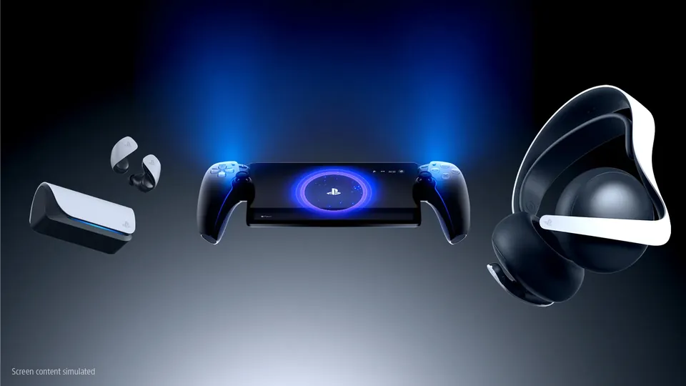PlayStation Portal between Pulse Explore earbuds and a Pulse Elite headset