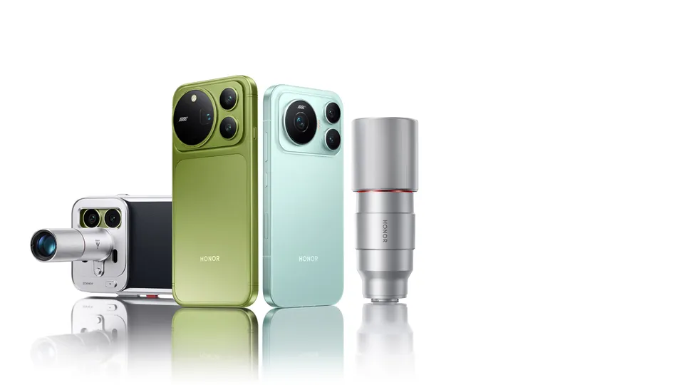 Two Honor Magic 9 series phones with Honor's add-on telephoto lens and camera grip
