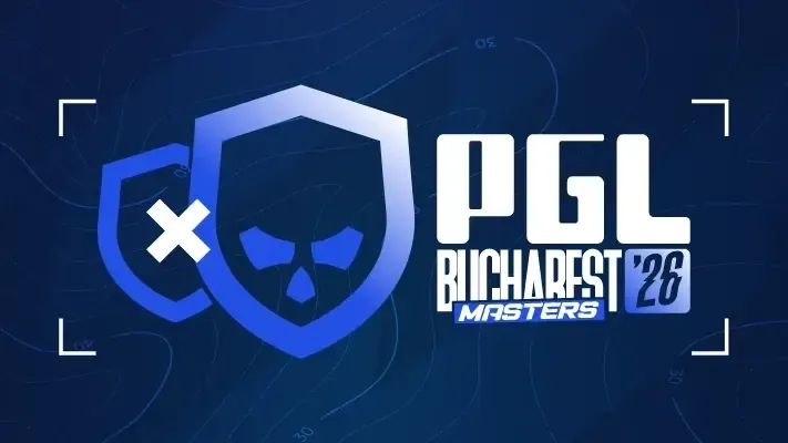 A wide dark blue banner with the PGL Bucharest Masters 2026 shield logo