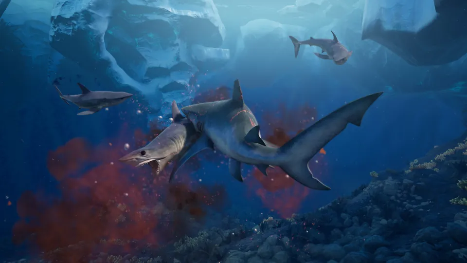 Two sharks fight in a cloud of blood among icy rocks in Maneater 2