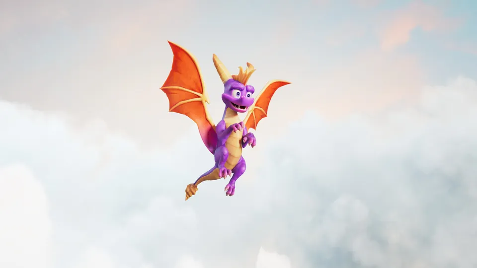 Spyro flies with wings spread above white clouds in Spyro: A Realm Beyond