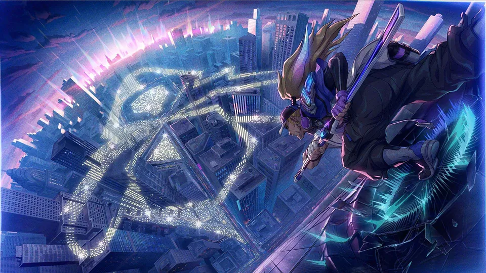 True Damage Know My Name Yasuo dives from a skyscraper above a night city, where glowing lights trace the World Championship emblem