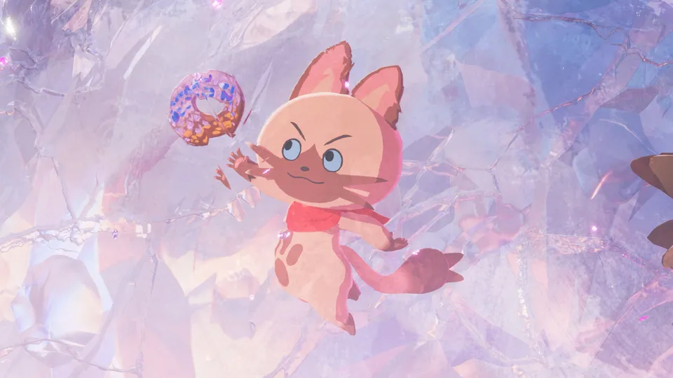 Navirou, a white Felyne with a red scarf, reaches for a floating donut against a pink crystal backdrop in Monster Hunter Stories 3