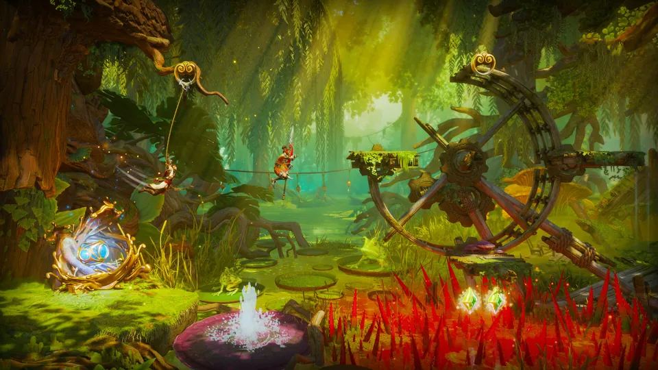 A hero swings on a rope past giant wooden gears in a sunlit jungle in Trine 6