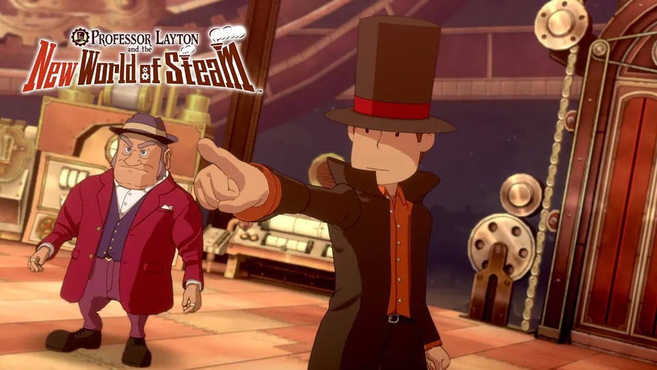 Layton points across a workshop full of brass machinery while a heavyset man in a red coat and hat looks on in Professor Layton and the New World of Steam
