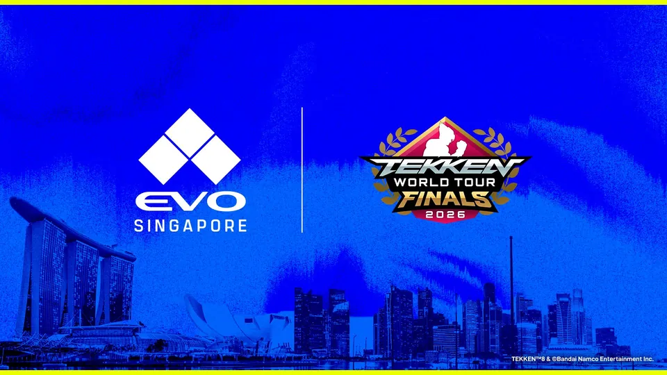 Evo Singapore and Tekken World Tour Finals 2026 logos over the Singapore skyline
