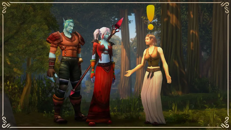 Two adventurers talk to a quest giver in a forest in World of Warcraft: Forever