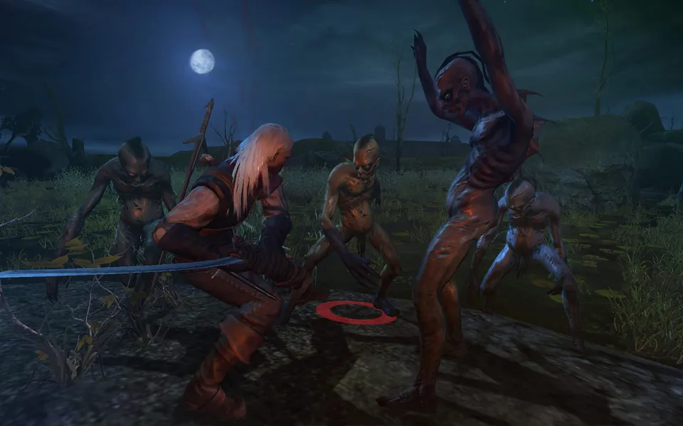 Geralt fights drowners at night under a full moon in the original Witcher