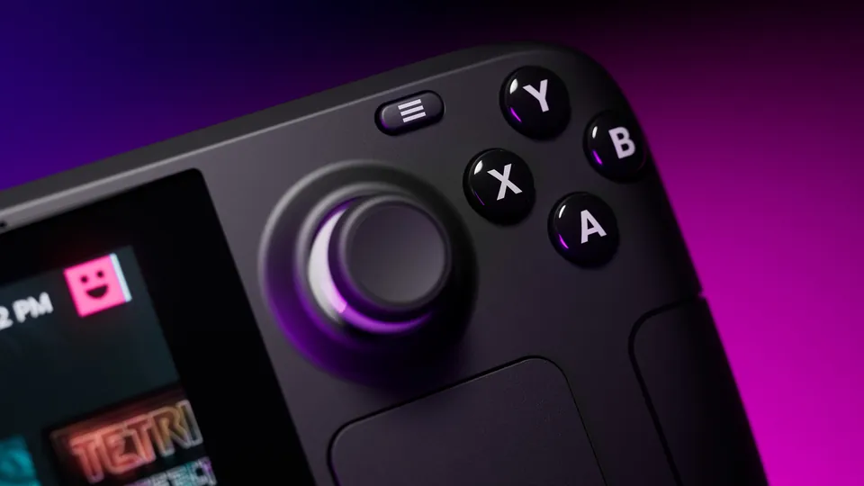 Close-up of Steam Deck's right thumbstick, ABXY buttons and trackpad