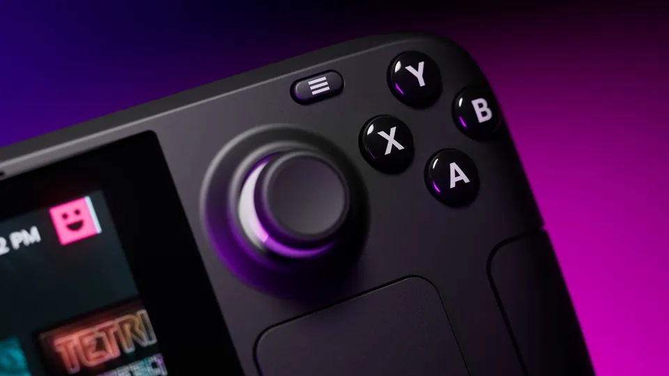 Close-up of Steam Deck's right thumbstick, ABXY buttons and trackpad