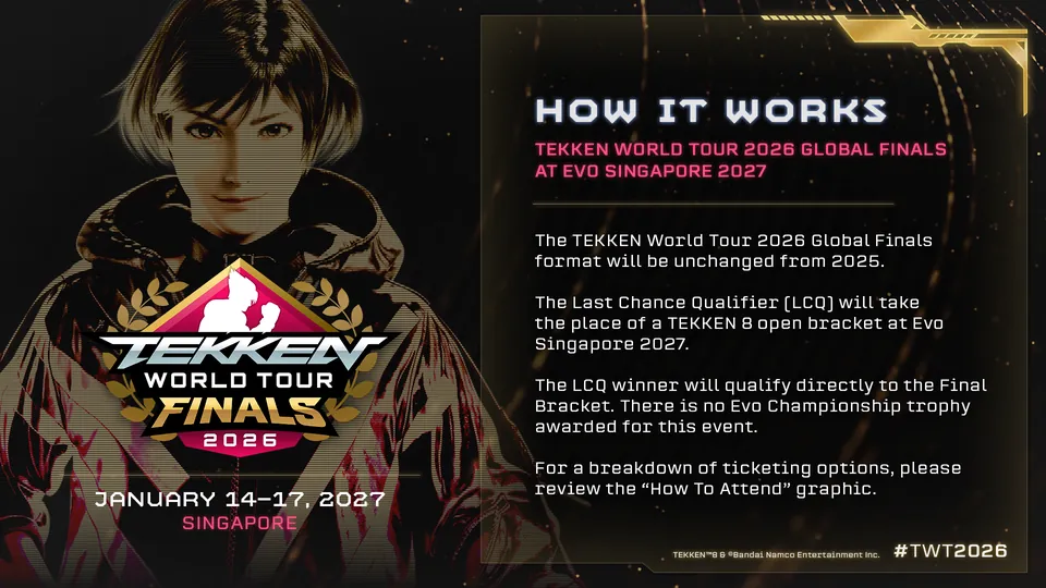 The Tekken World Tour Finals 2026 logo and a Tekken 8 fighter, with the Jan. 14 to 17, 2027, Singapore dates