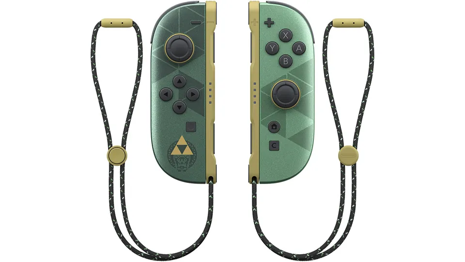 The green and gold Zelda edition Joy-Con 2 controllers with a gold Triforce and matching wrist straps.