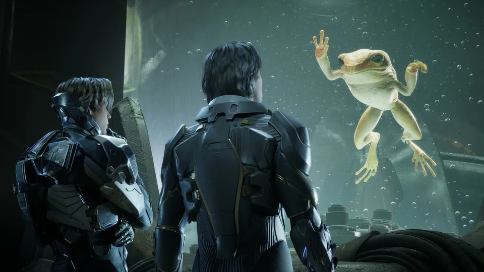Two armored Travelers face a giant pale frog floating inside a water-filled chamber in Exodus
