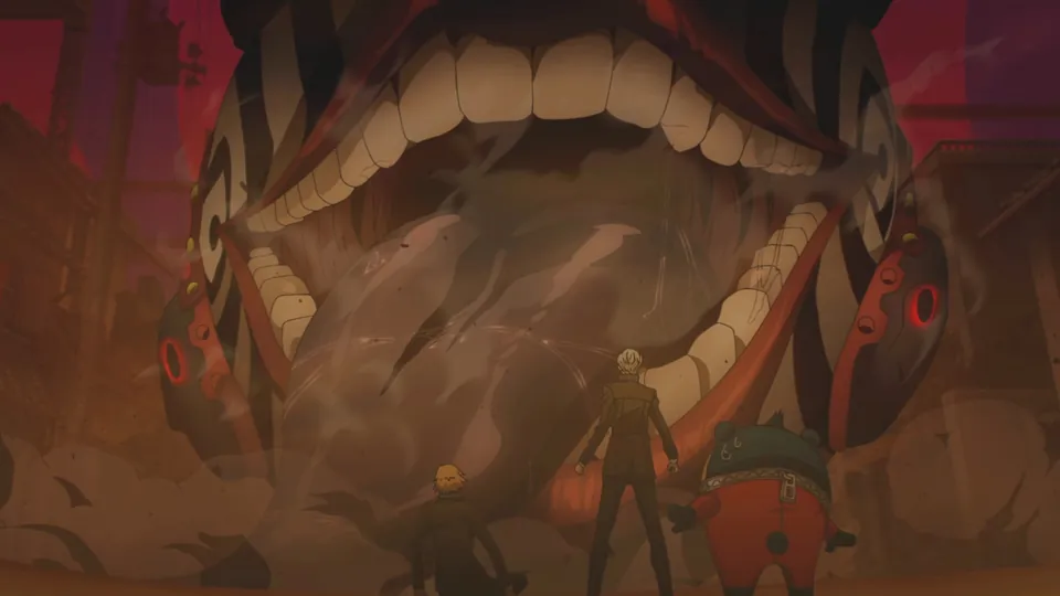The protagonist faces a giant shadowy mouth full of teeth in a dark Persona 4 Revival scene