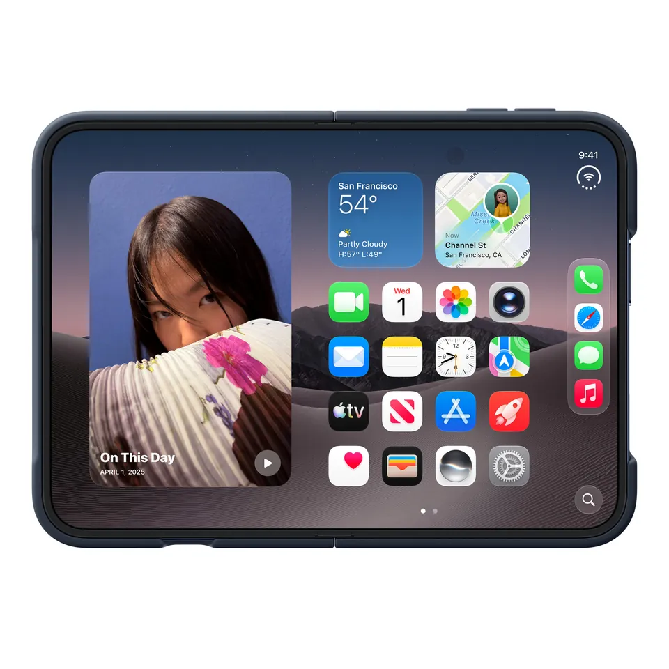 An open iPhone Duo in the navy blue iPhone Duo Case, its 7.6-inch inner screen showing the Home Screen
