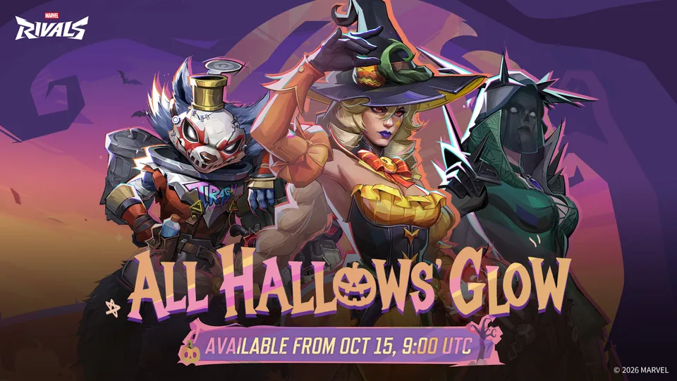 All Hallows' Glow event art with three Marvel Rivals heroes in Halloween costumes, one in a pumpkin witch outfit
