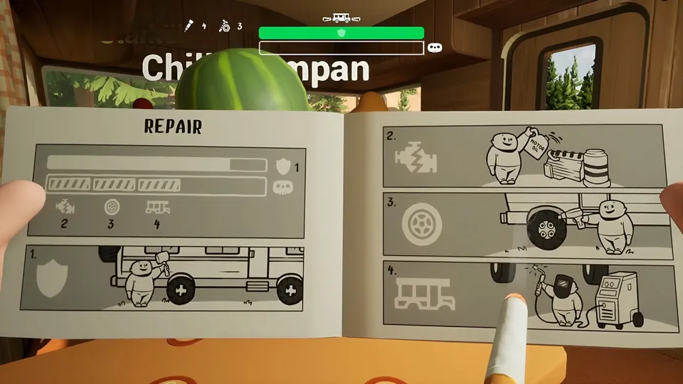 A player reads the repair manual for the RV, with illustrated steps for the engine, wheels and body, in RV There Yet?