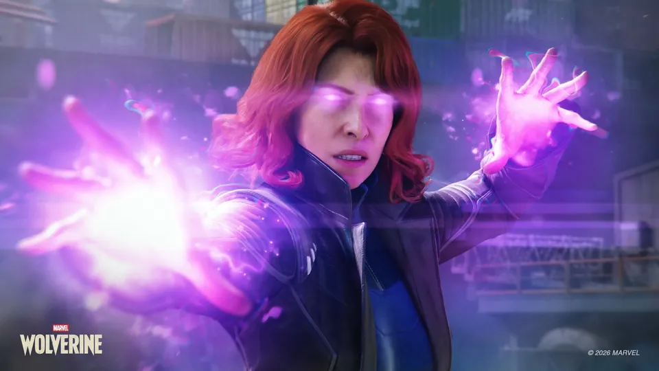 A red-haired character with glowing purple eyes and hands in Marvel's Wolverine